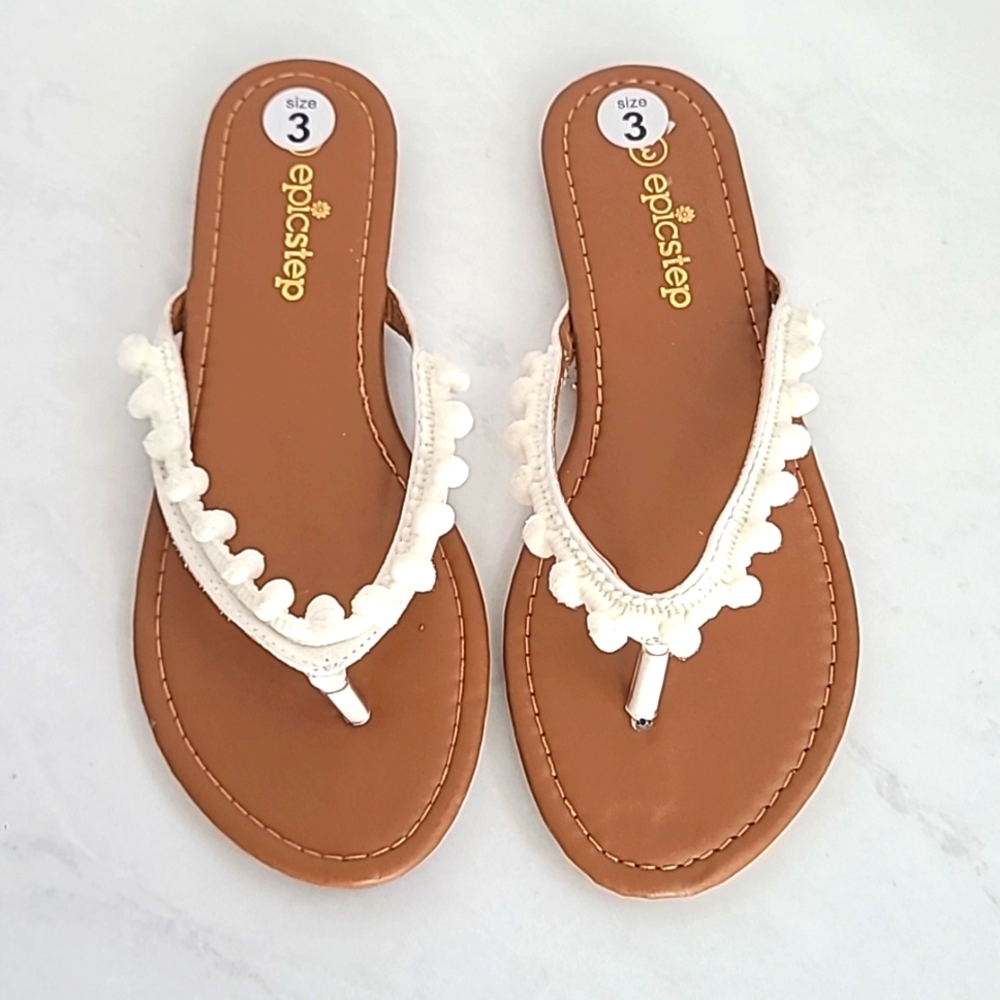 EpicStep White and Brown Pom Pom Thong Sandals Girls Size 3